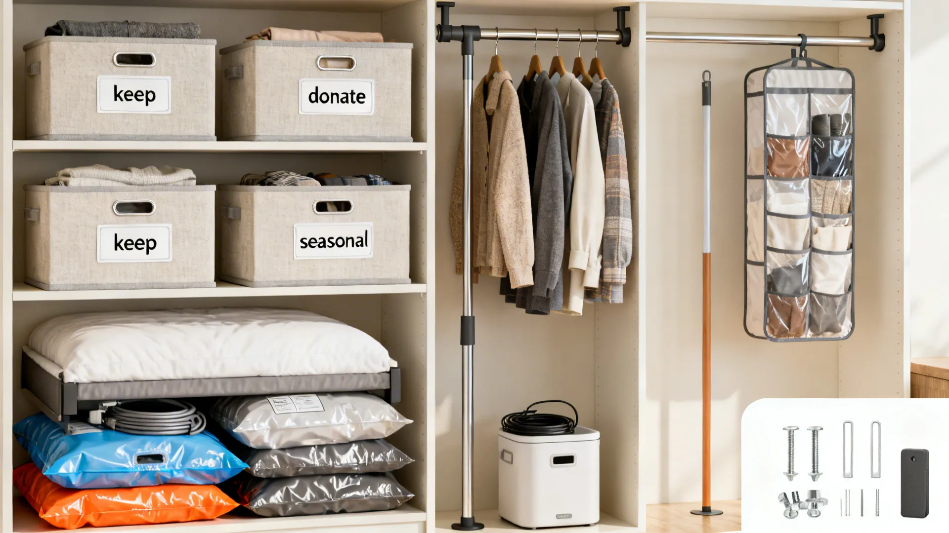 Montage of closet FAQ solutions: labeled sorting bins, vacuum bags, tension rods, and renter-friendly organizers.