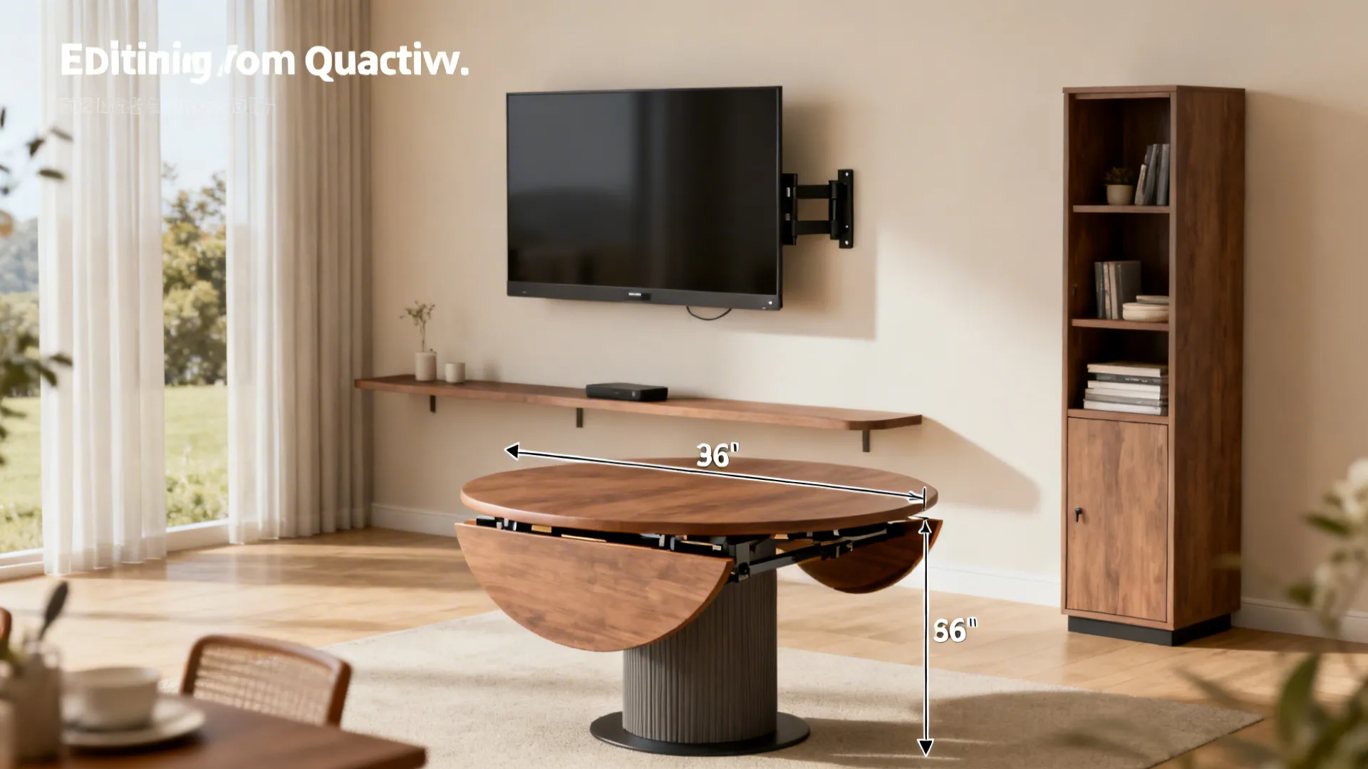 Composite image illustrating table sizing, TV placement, vertical storage, and foldable furniture for small dining-sitting rooms.