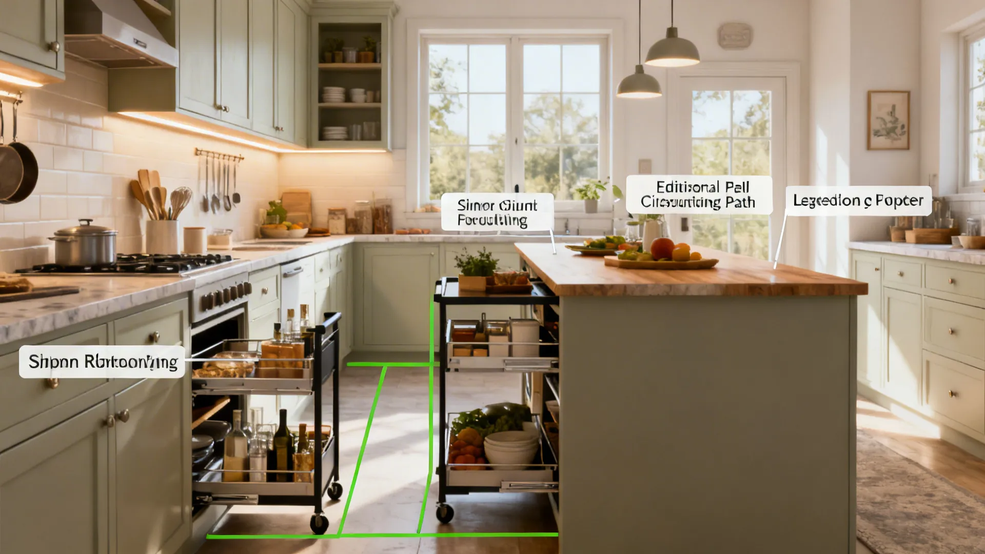 Montage of practical small-kitchen solutions: galley layout, slim cart, pull-out organizers and under-cabinet lighting.