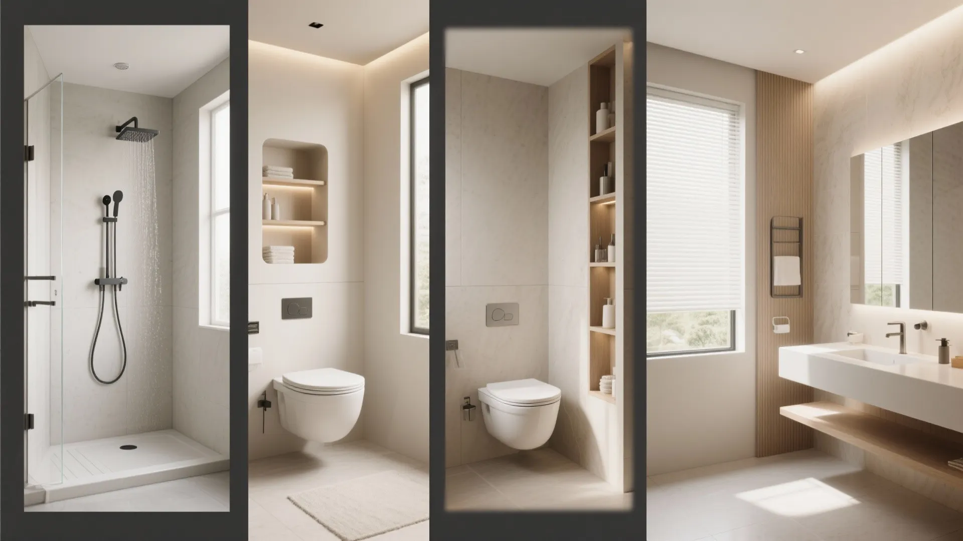 Modern bathroom collage showing shower area white toilet vanity sink and minimalist interior design room layout