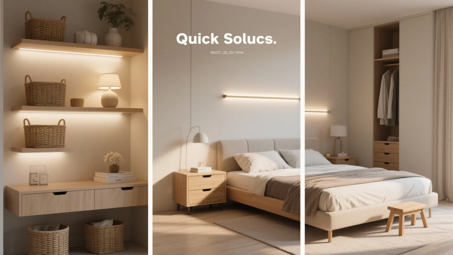 Collage of storage and lighting solutions: storage bed, baskets, layered lighting, and step stool.