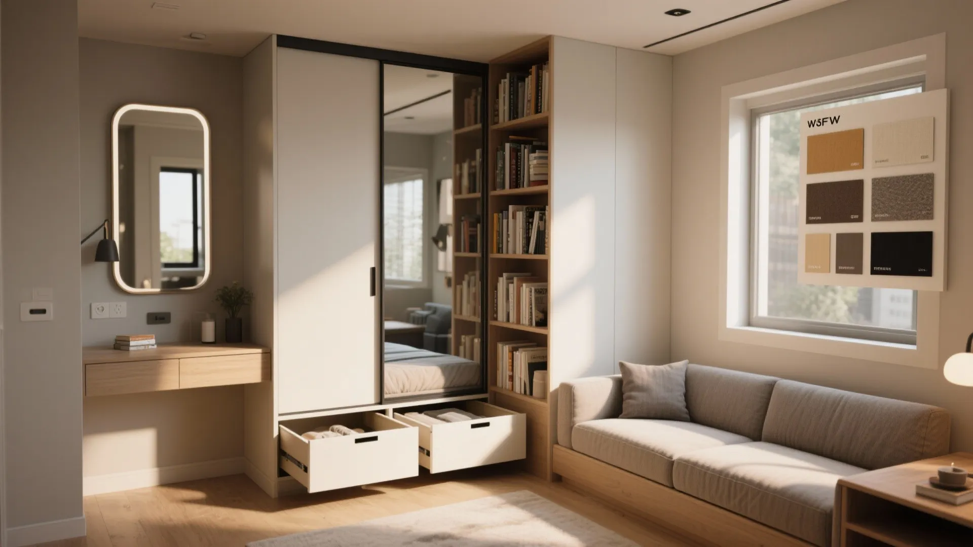 Collage of small-apartment solutions: mirrors, under-bed storage, sliding bookcase divider, and performance fabric sofa.