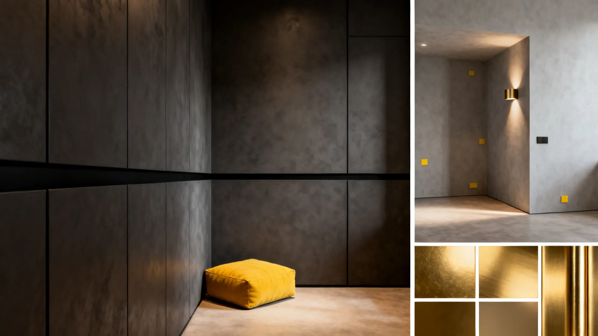 Interior design collage with dark wall panels yellow footrest wall light and golden metal material swatches