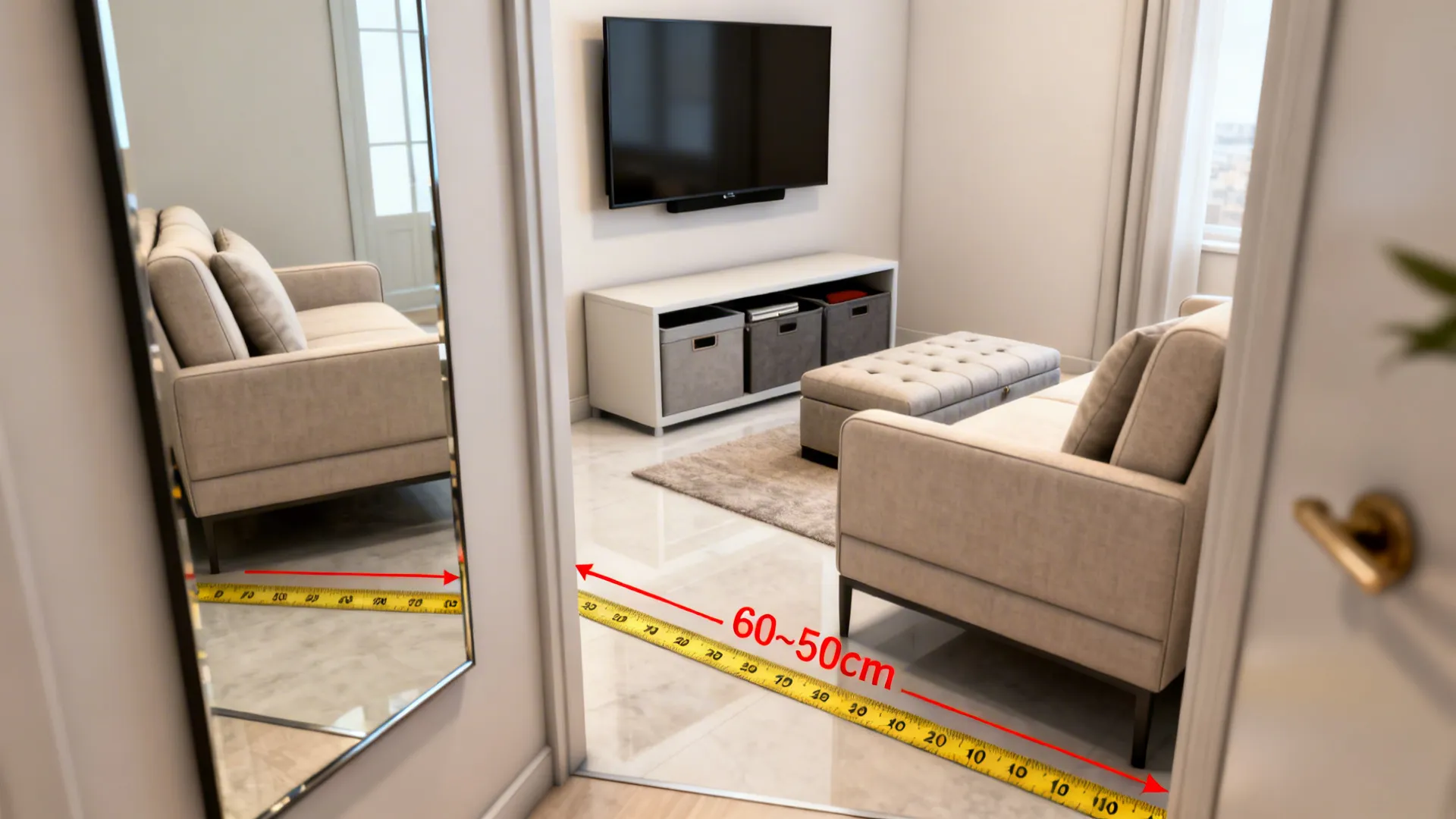 Collage of small living room solutions: slim sofa, wall TV, storage ottoman and walkway measurements.