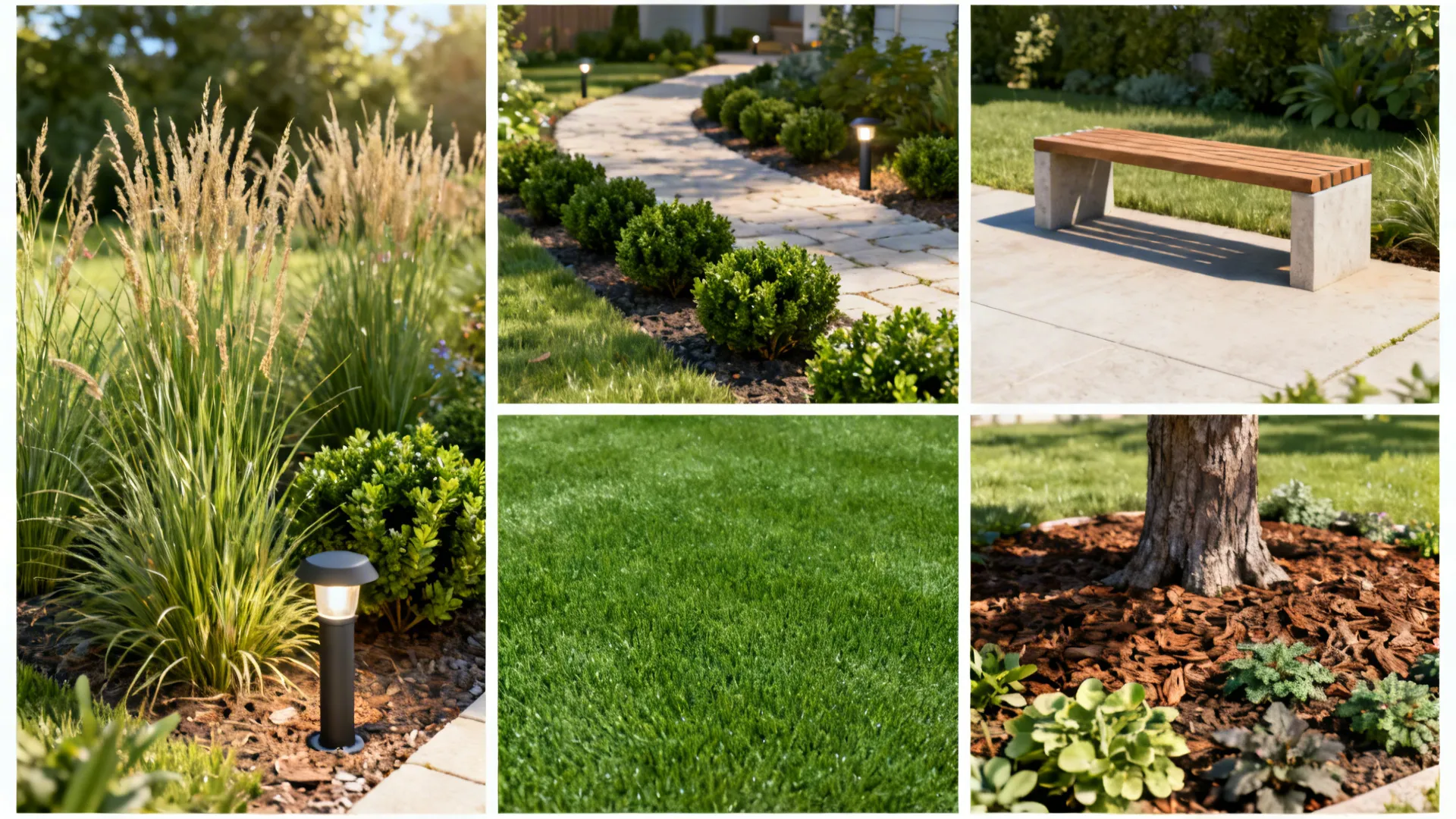 Collage of small front yard solutions: native plants, path lights, bench, turf option and mulched tree base.