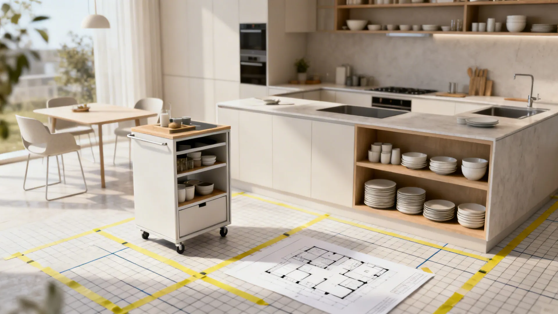 Montage of small kitchen-living combo solutions including movable island and L-shaped layout