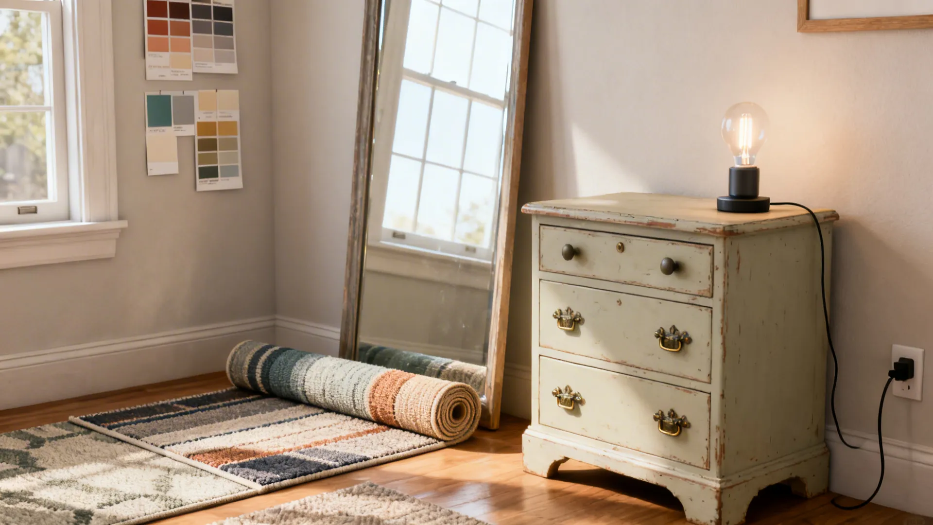 Small light fixture on a vintage cabinet with a large mirror and rolled striped rug