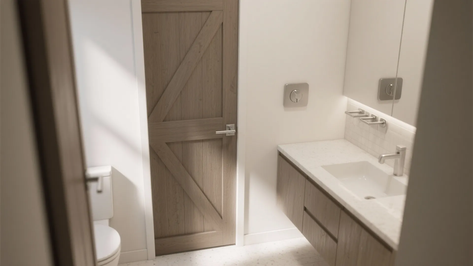 Small condo bathroom showing space-efficient barn door hardware like recessed magnetic latch and slim thumb-turn