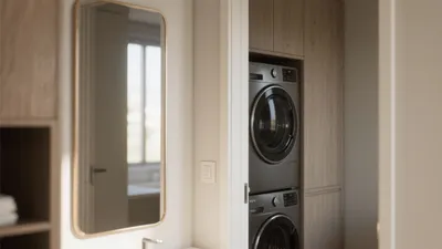 Compact Laundry Nook with Stackable Washers & Smart Storage