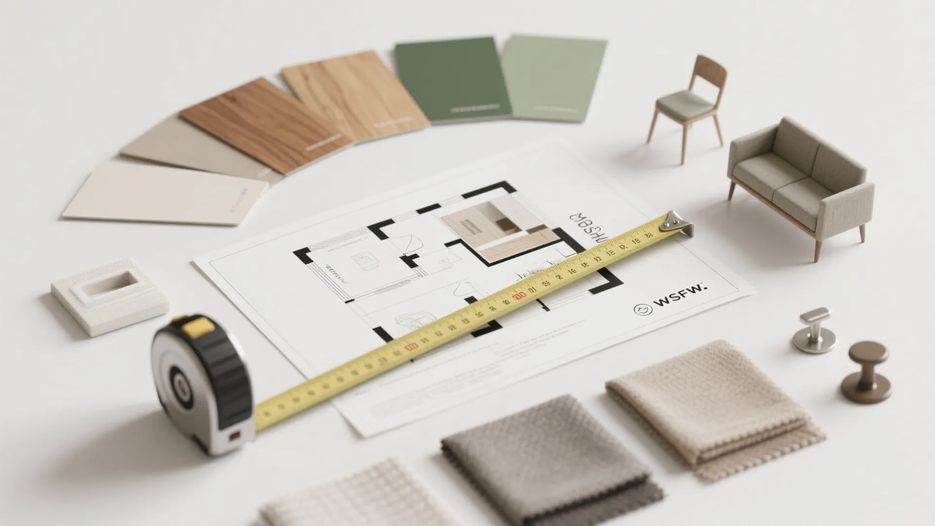 Interior design drawing with tape measure fabric samples color tiles and miniature furniture on table