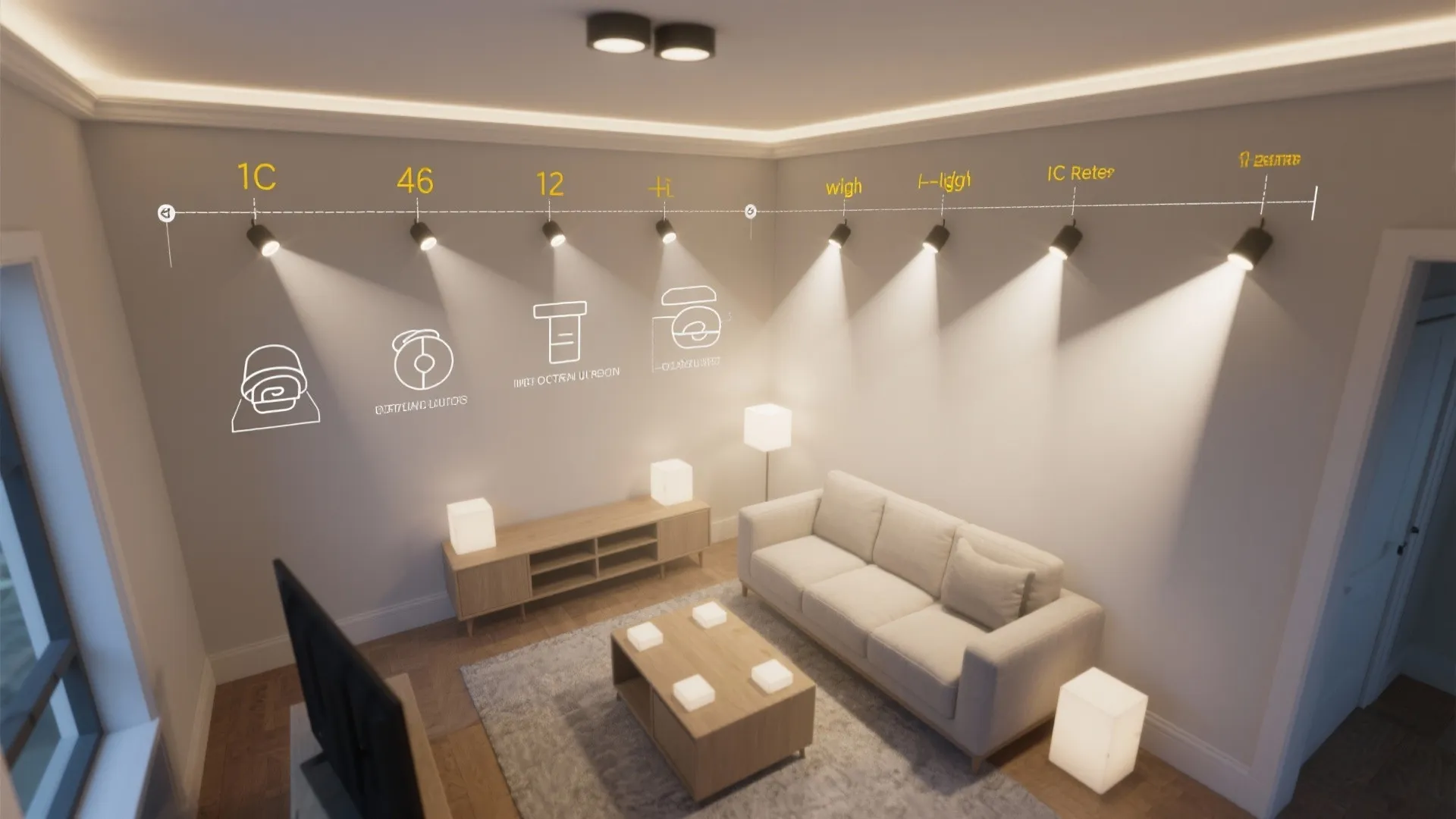 Interior design drawing showing light fixture spacing measurements in a living room with white sofa