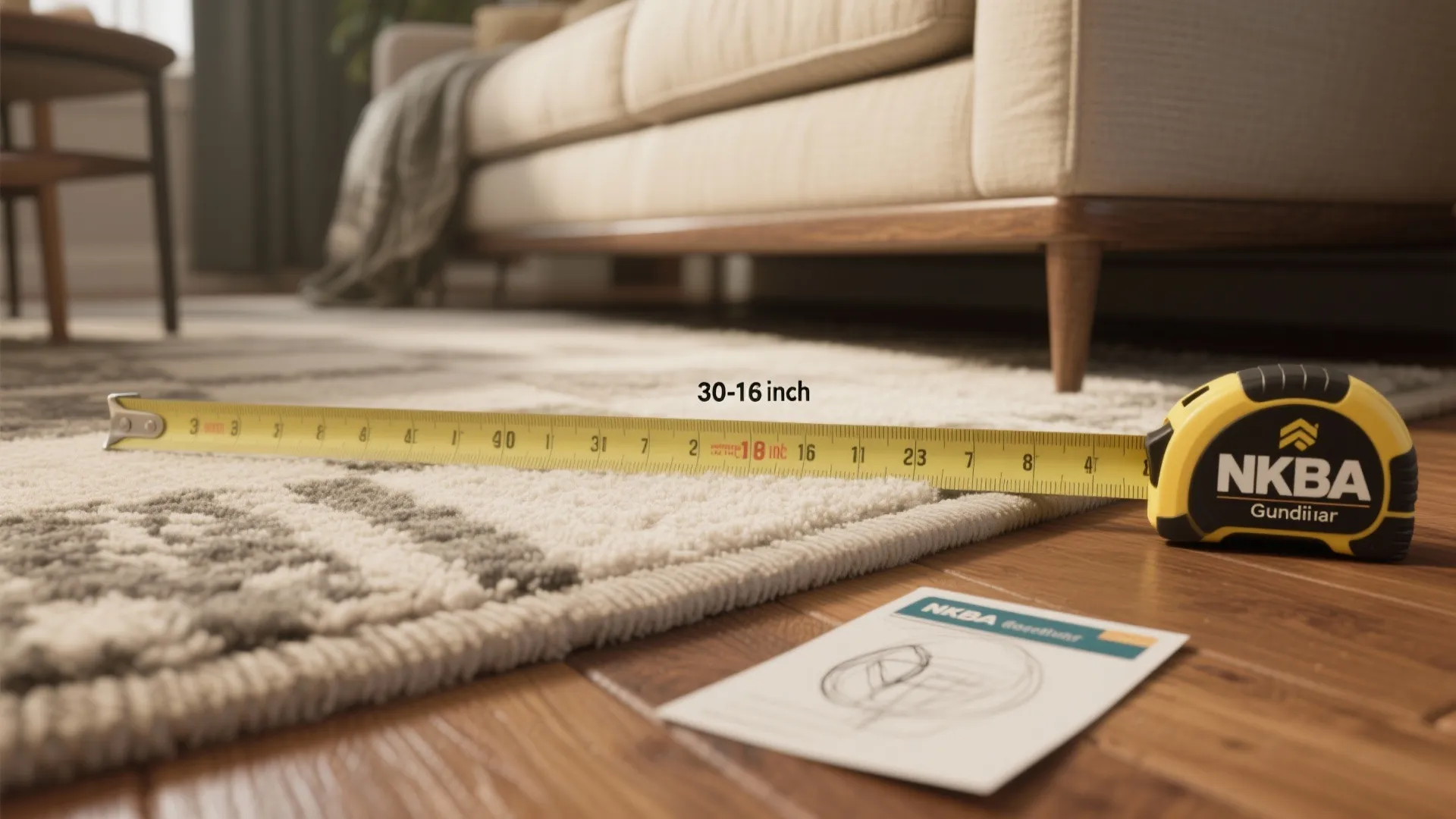 Close-up of a measuring tape and NKBA guideline card illustrating the recommended 30–36 inch circulation spacing.