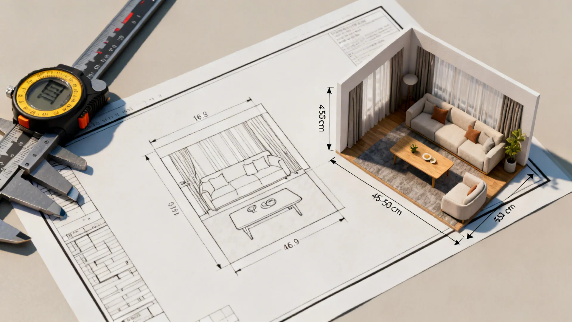 Flatlay showing tools and a spacing diagram illustrating recommended clearance around a coffee table