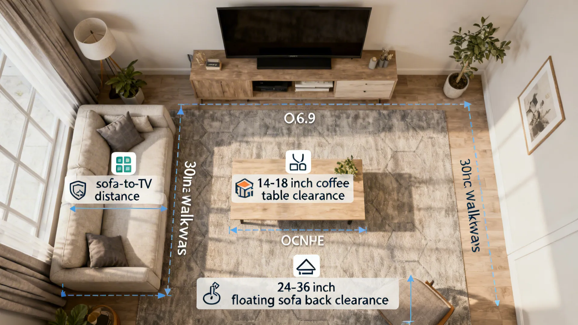 Top down living room diagram showing sofa to television distance and coffee table clearance measurements