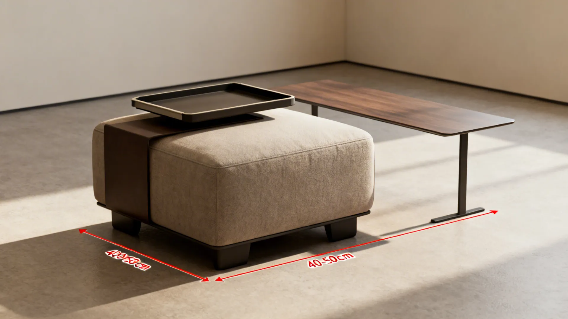 Ottoman and slim table with floor tape indicating 40–50 cm spacing as a visual FAQ guide.