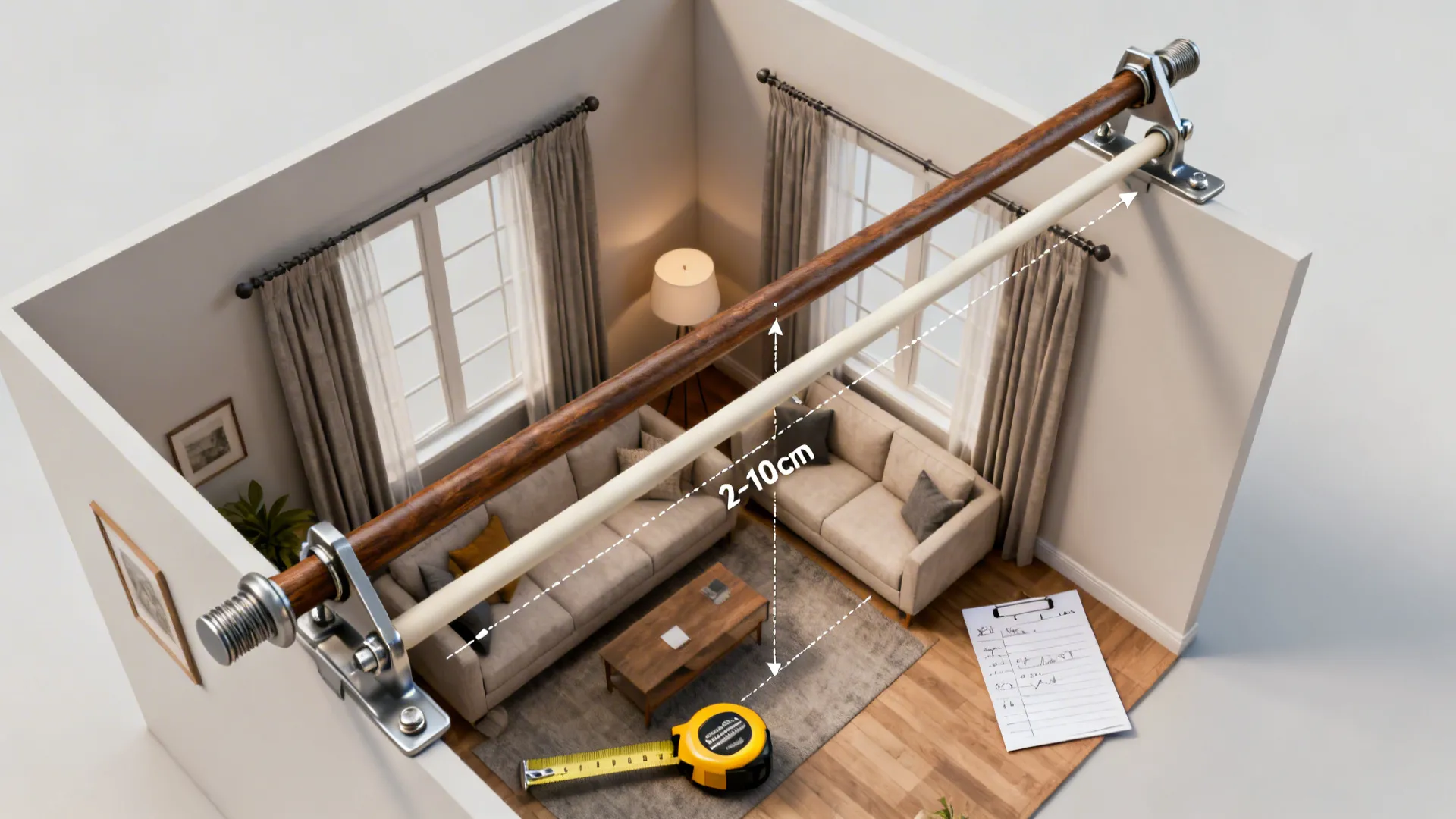 Living room layout showing measurement spacing between curtain rods with yellow tape measure on floor