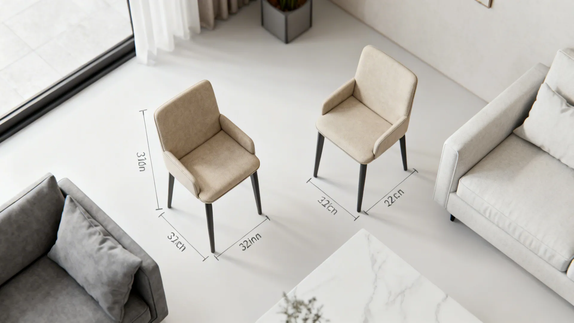 Top-down illustration of accent chair spacing and clearances in a small living room