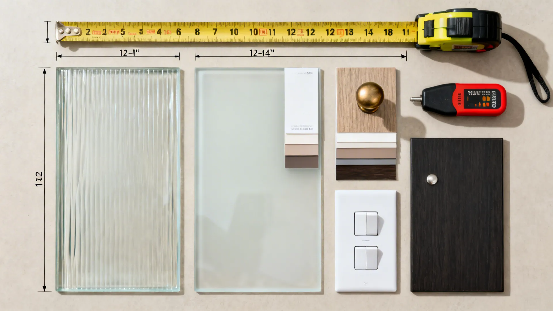 Material flat lay with depth markers, glass samples, matte finishes, rounded pulls, and anchoring tools.