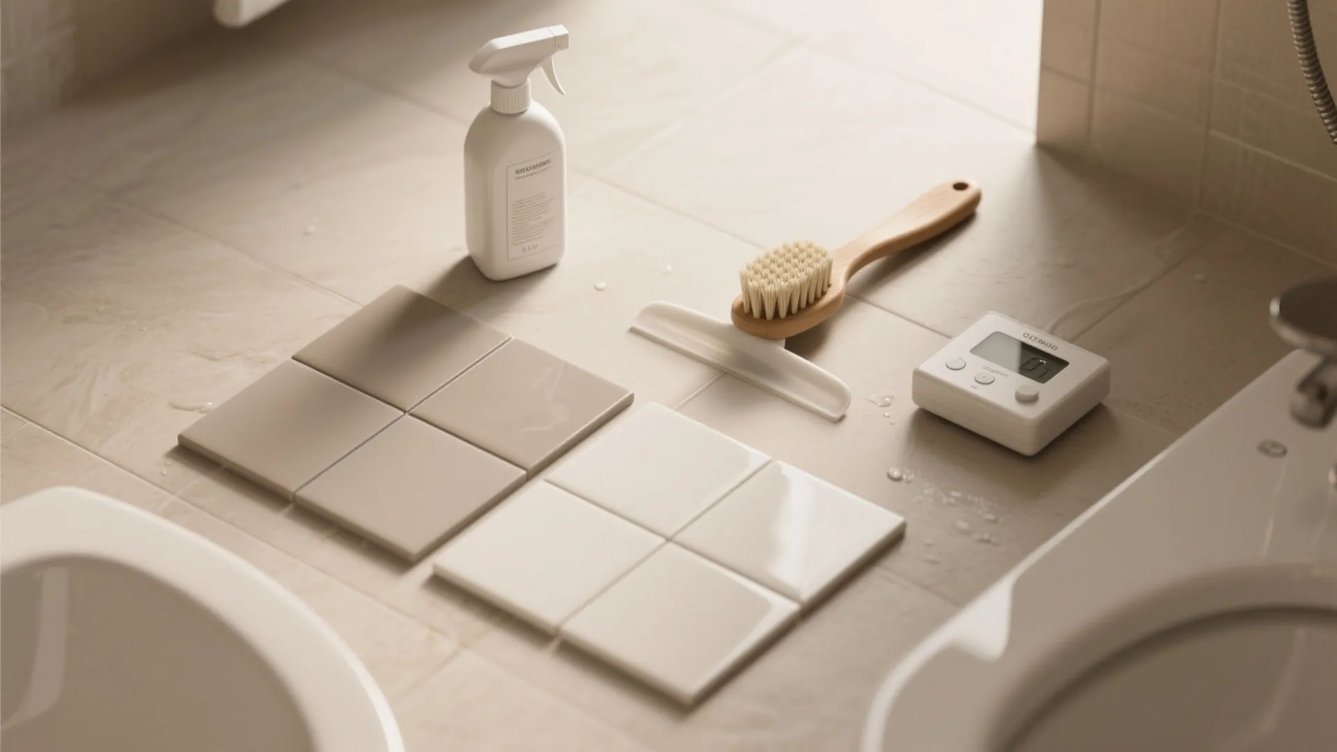 Bathroom cleaning tools with spray bottle wooden brush digital timer and square tiles on floor