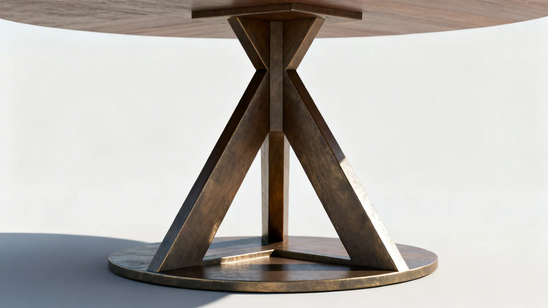 Close-up of a triangular table base illustrating stable three-leg construction and joinery.
