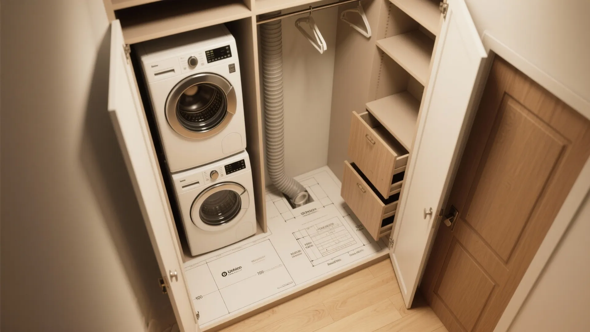 Small laundry closet with stacked washing machine dryer wooden drawers open shelves and floor plan