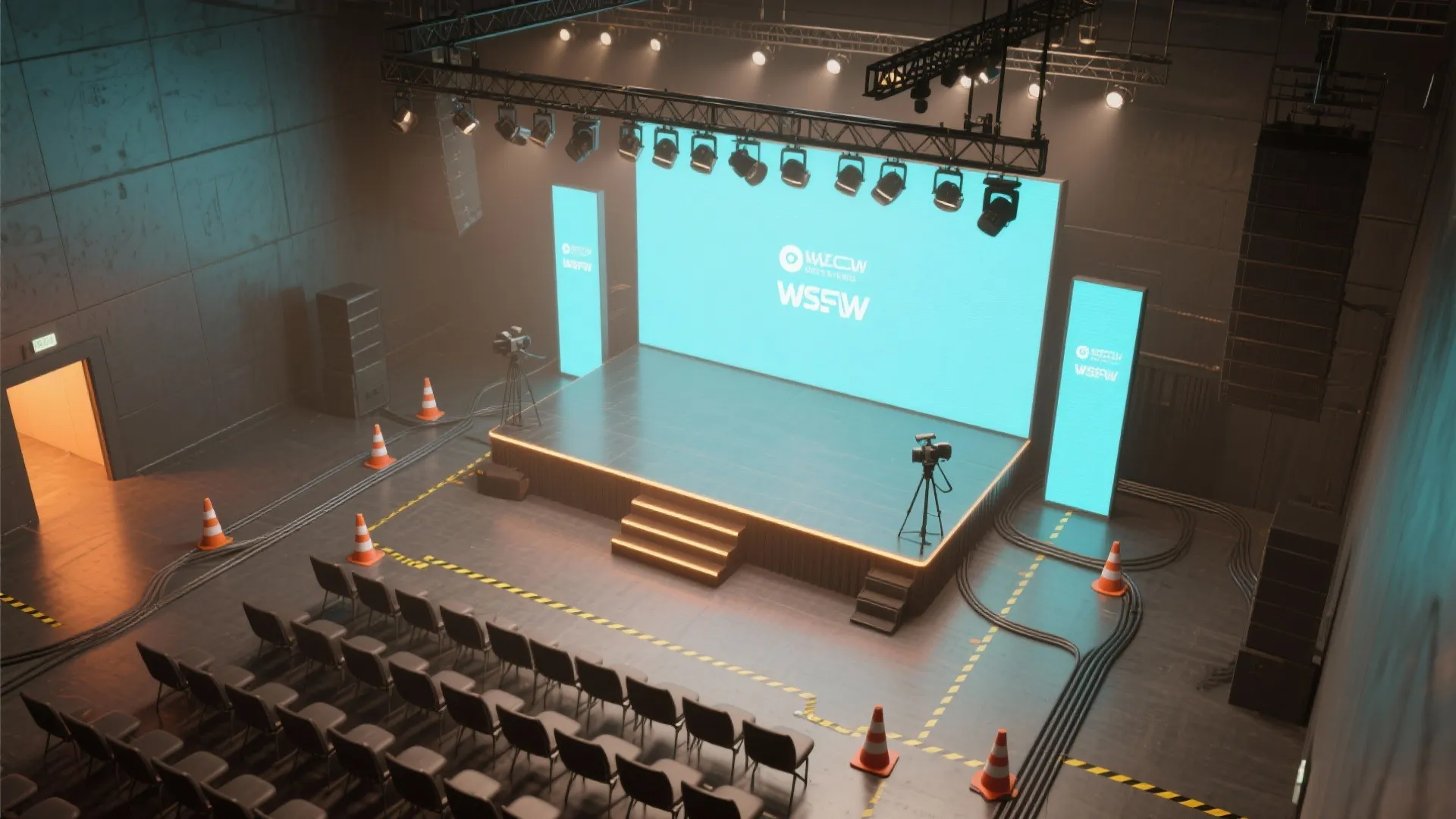 Interior design drawing of a modern event stage with big screens light fixtures and many chairs