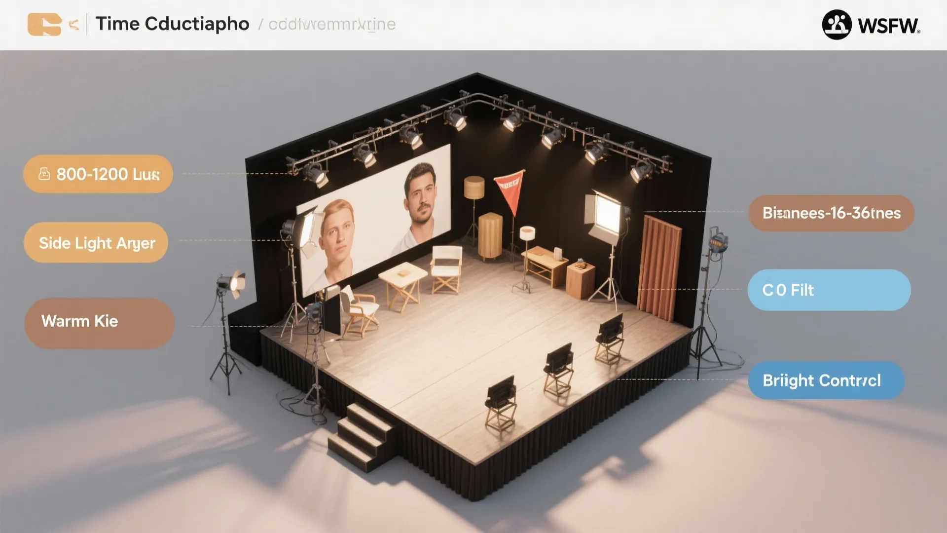 Interior design drawing of a studio stage with various light fixtures and labeled furniture items