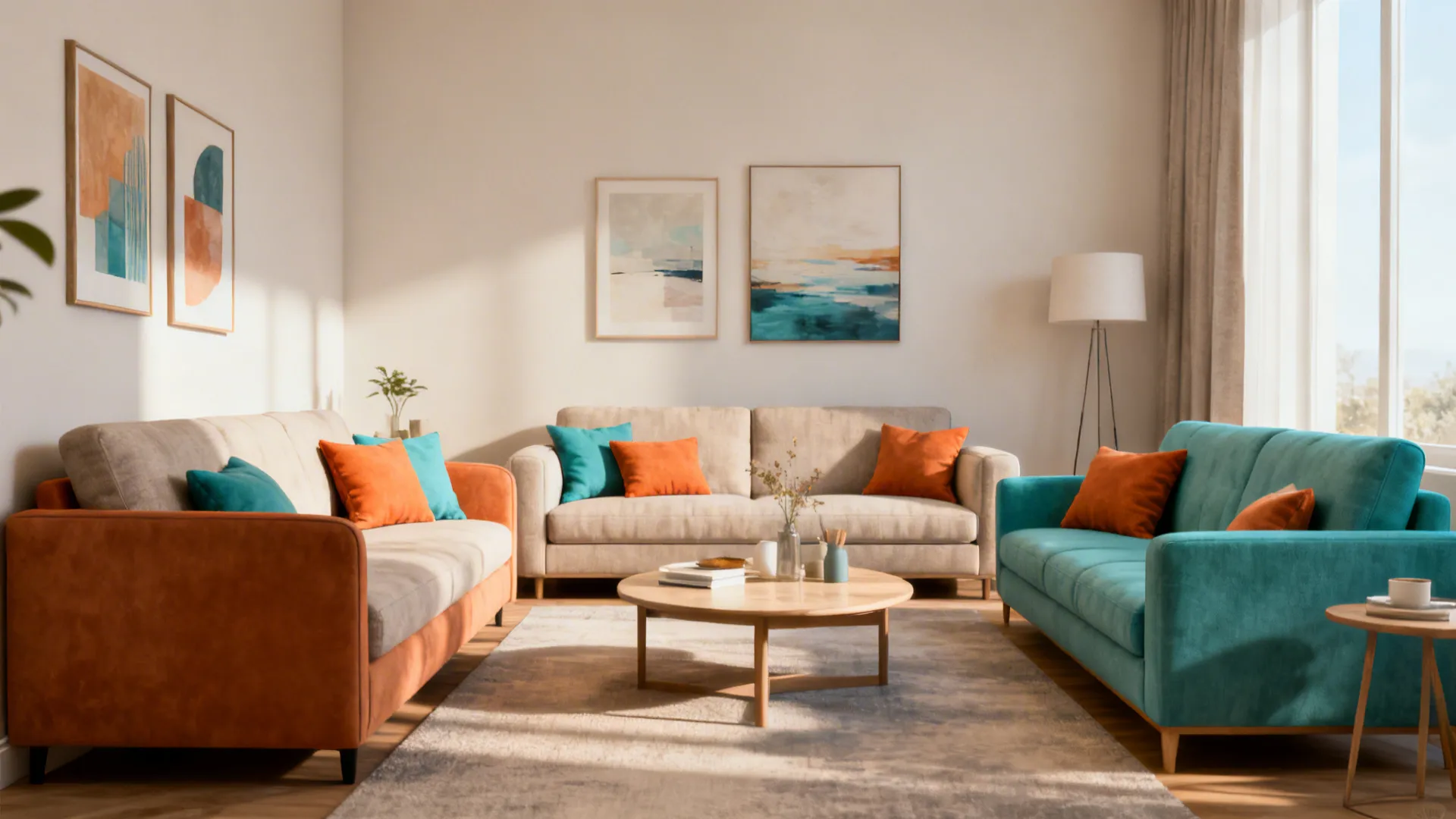 Staged small living room with two mismatched sofas, neutral base and repeated accent color, clear pathways for circulation.