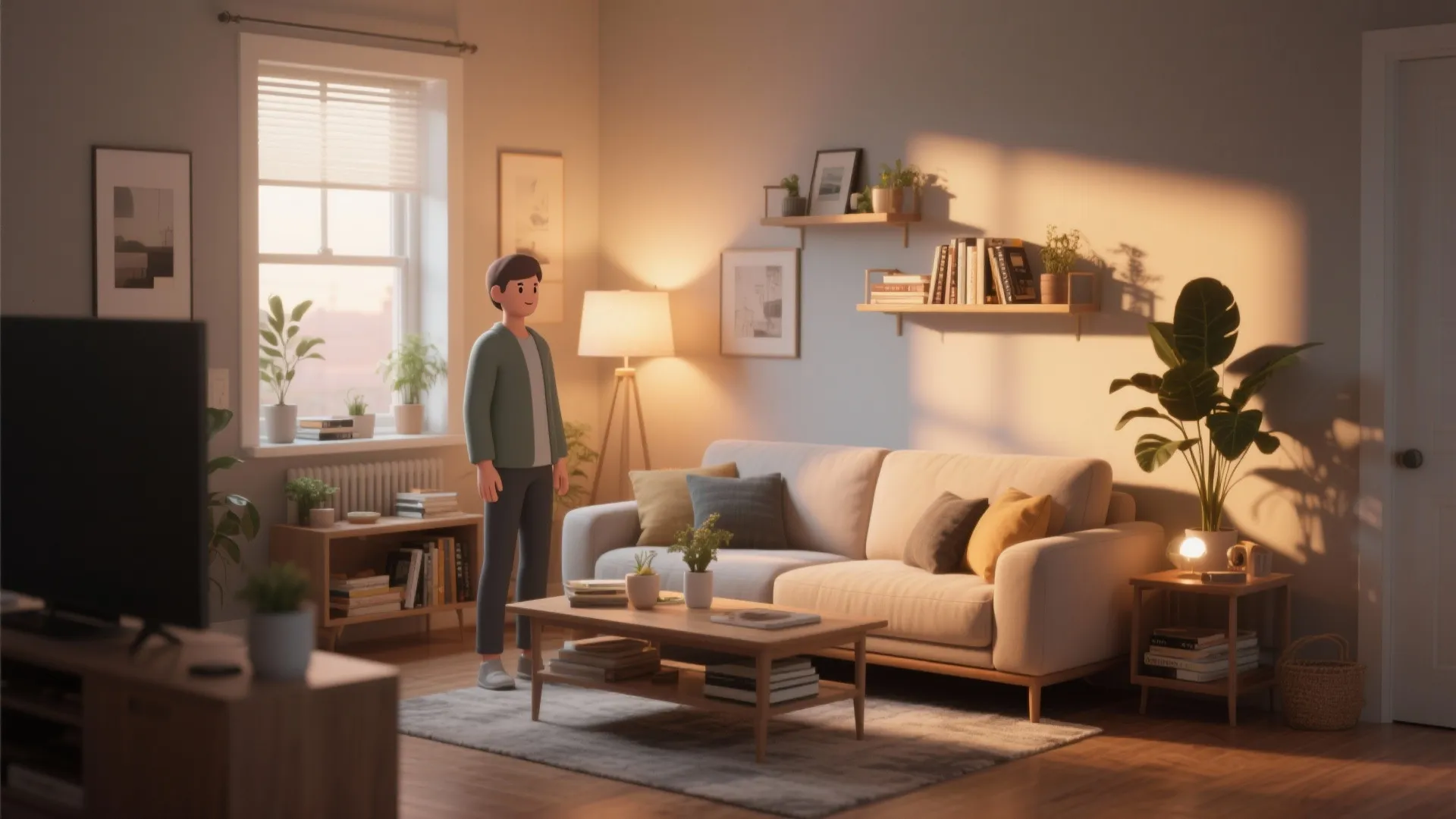 Cozy living room interior design with a cartoon man standing near sofa and coffee table