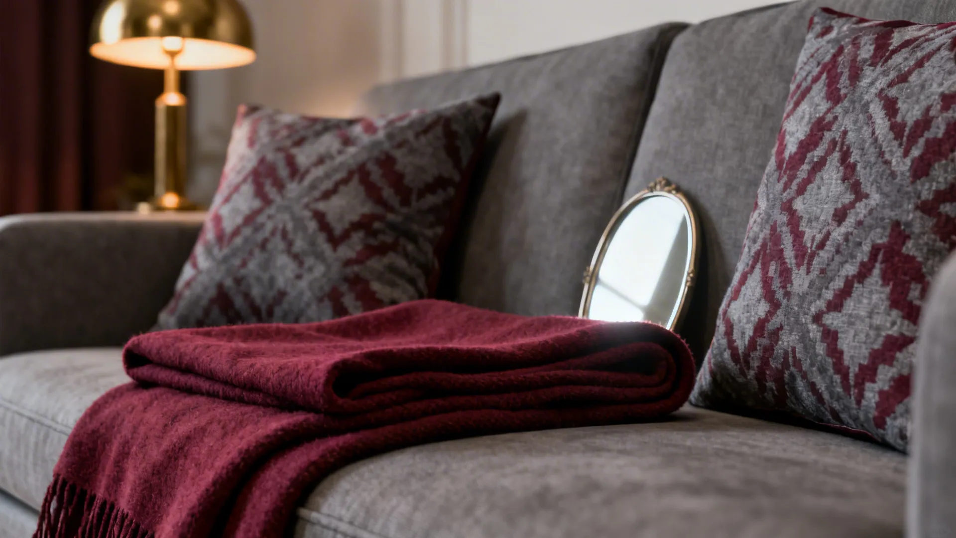 Staging idea: burgundy throw and patterned cushions on a gray sofa with a mirror to reflect light