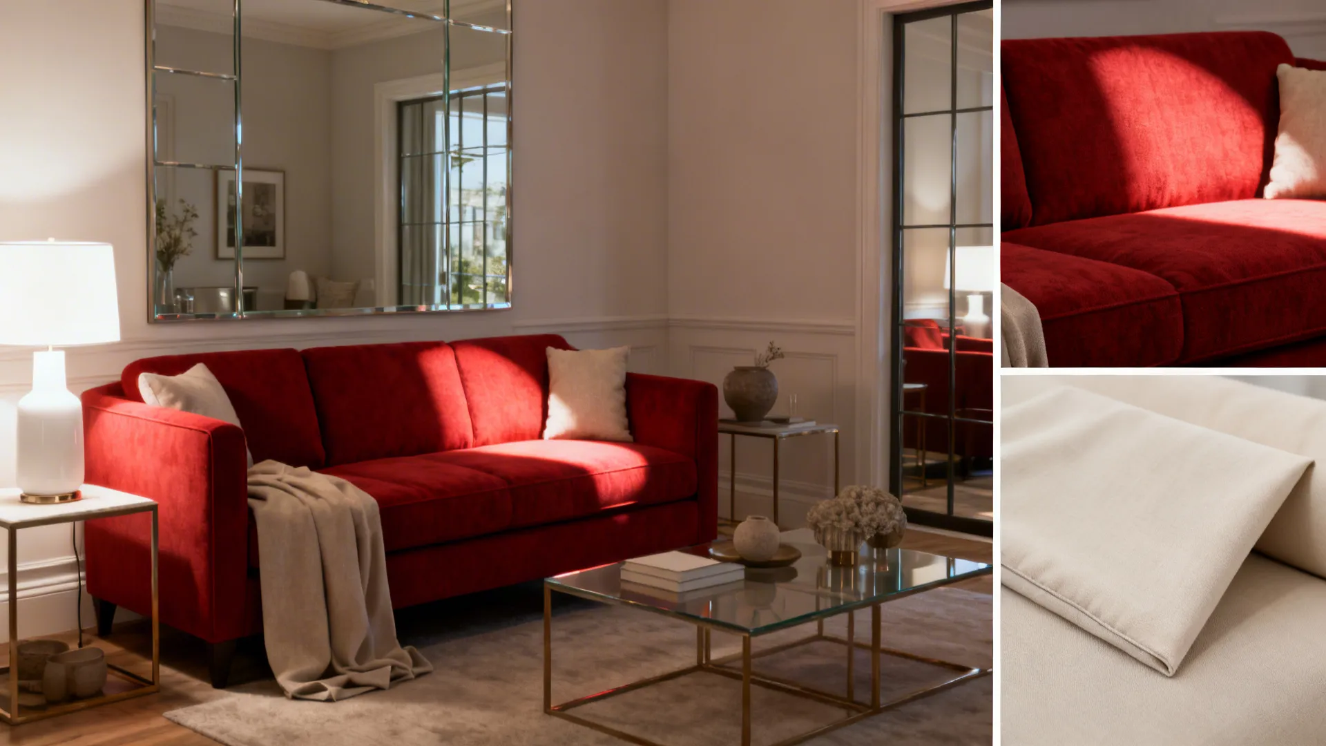 Staging details: neutral accessories, slipcover sample and warm lighting for a red sofa.