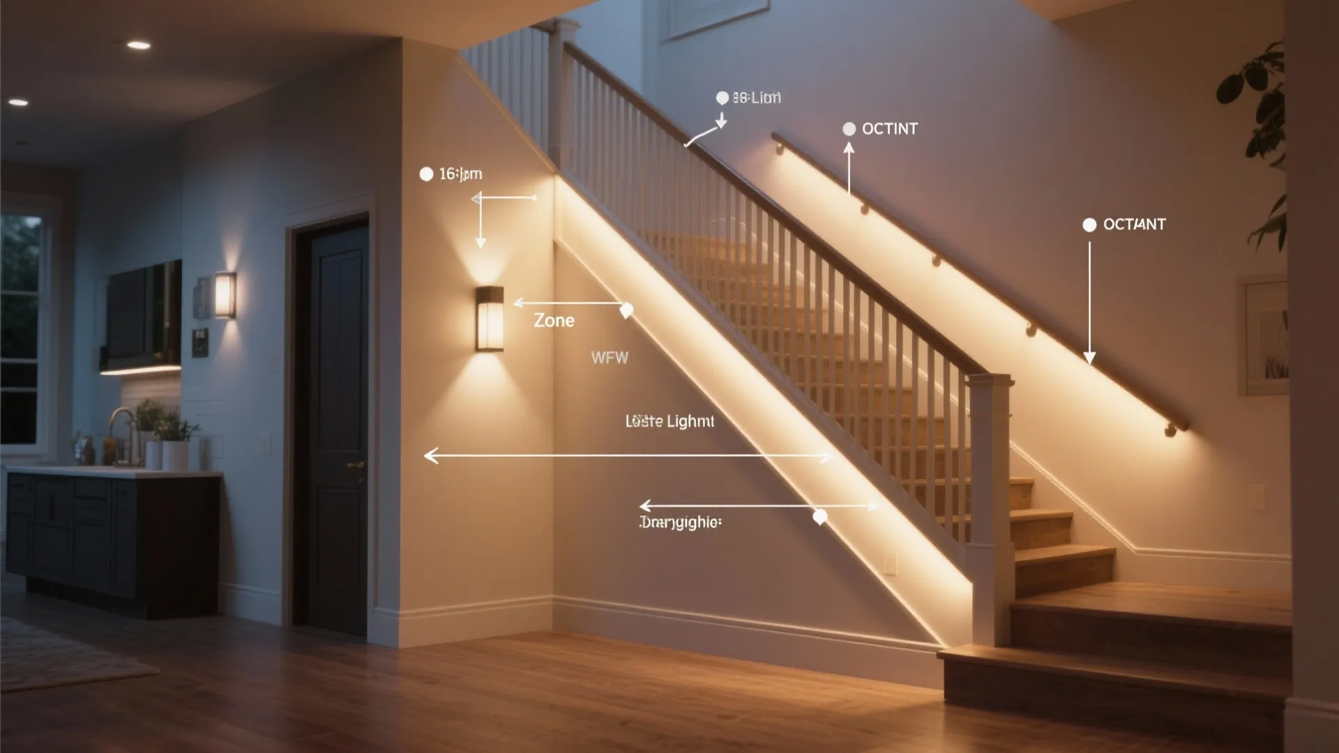 Well-lit stair with visual callouts indicating optimal fixture heights and zones for safe illumination