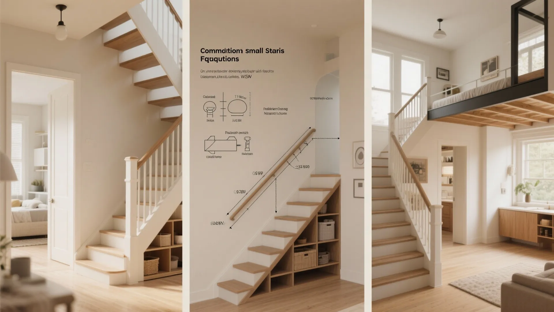 Modern white stairs with wooden steps and built-in storage cabinet in a bright living room