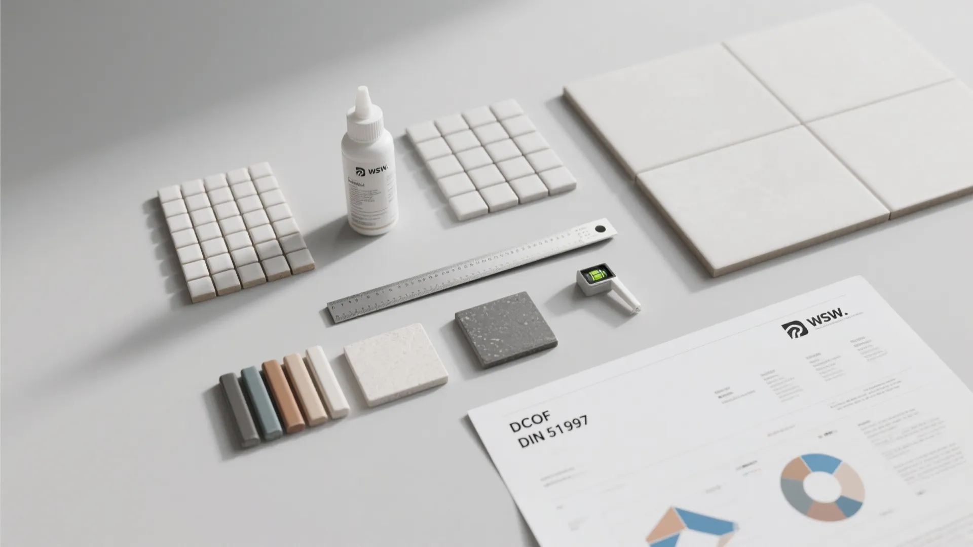 Various floor tile samples glue ruler and technical data document layout on a grey surface