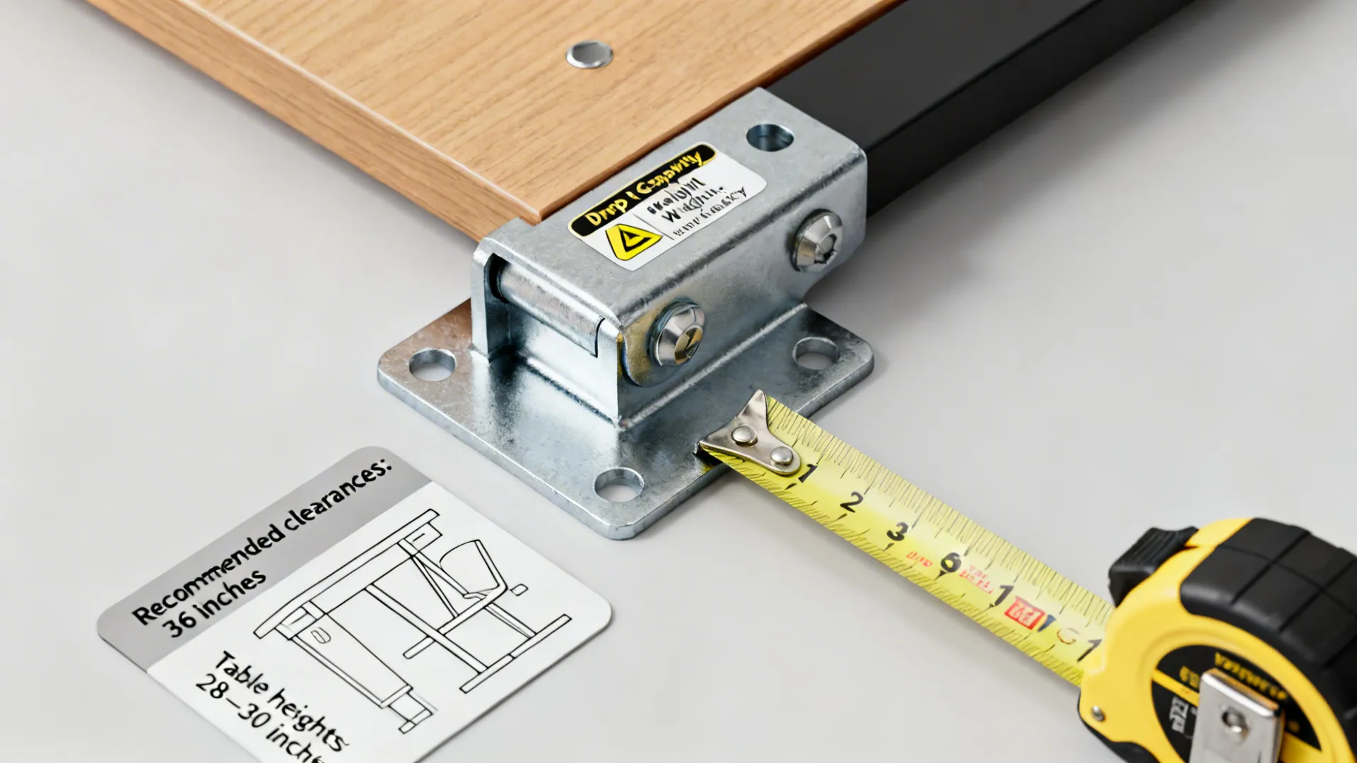 Close-up of drop leaf table hinge with measuring tape and a card showing recommended clearances and heights.