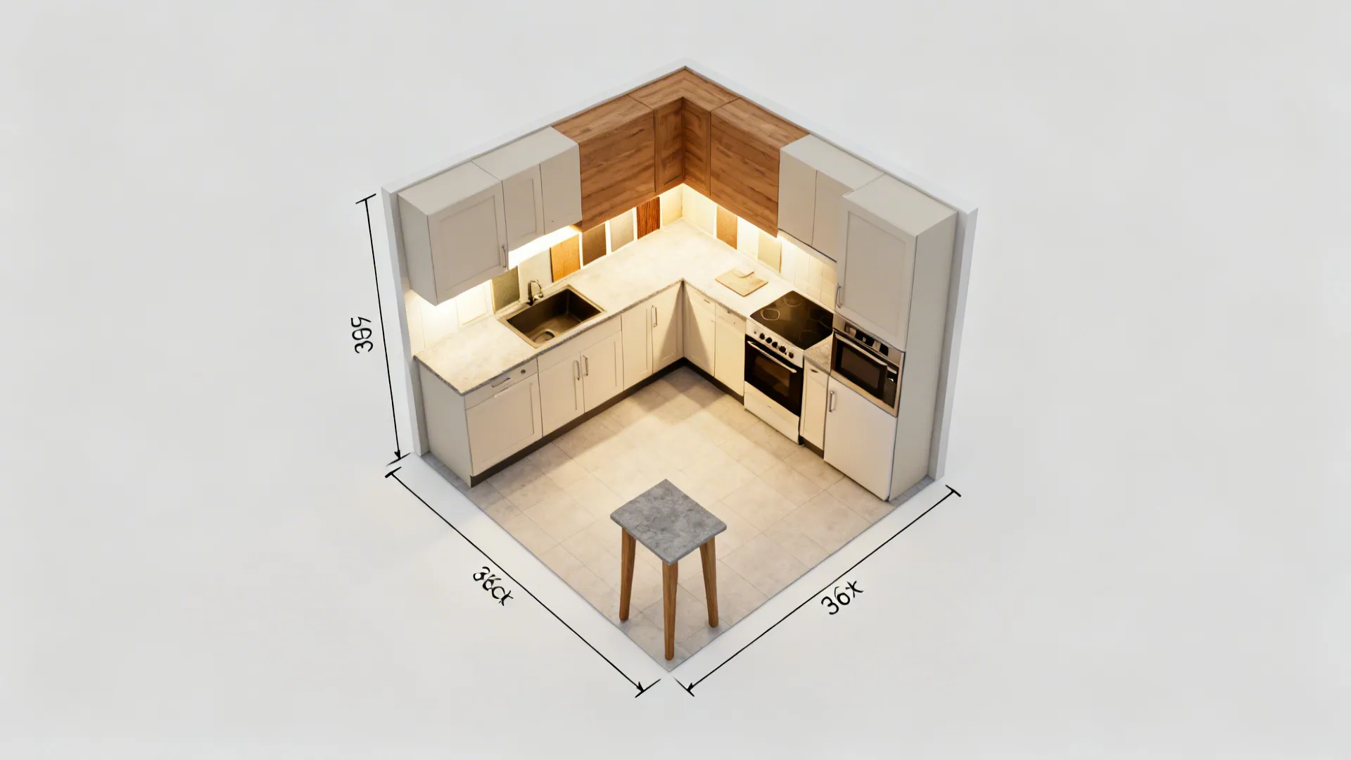 Top-down view illustrating walkways, work triangle, and lighting coverage in a small kitchen.