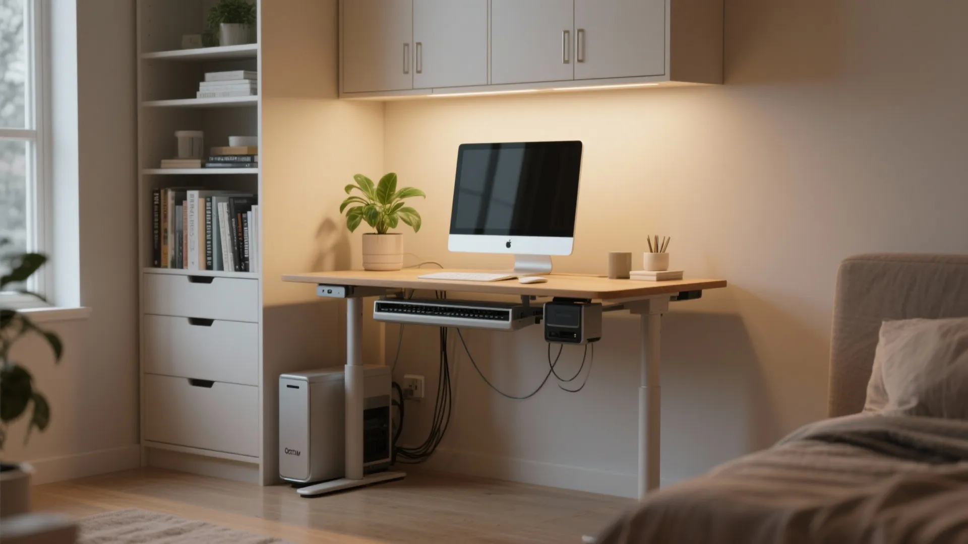 Compact standing desk setup with cable management and closed storage in a small home office