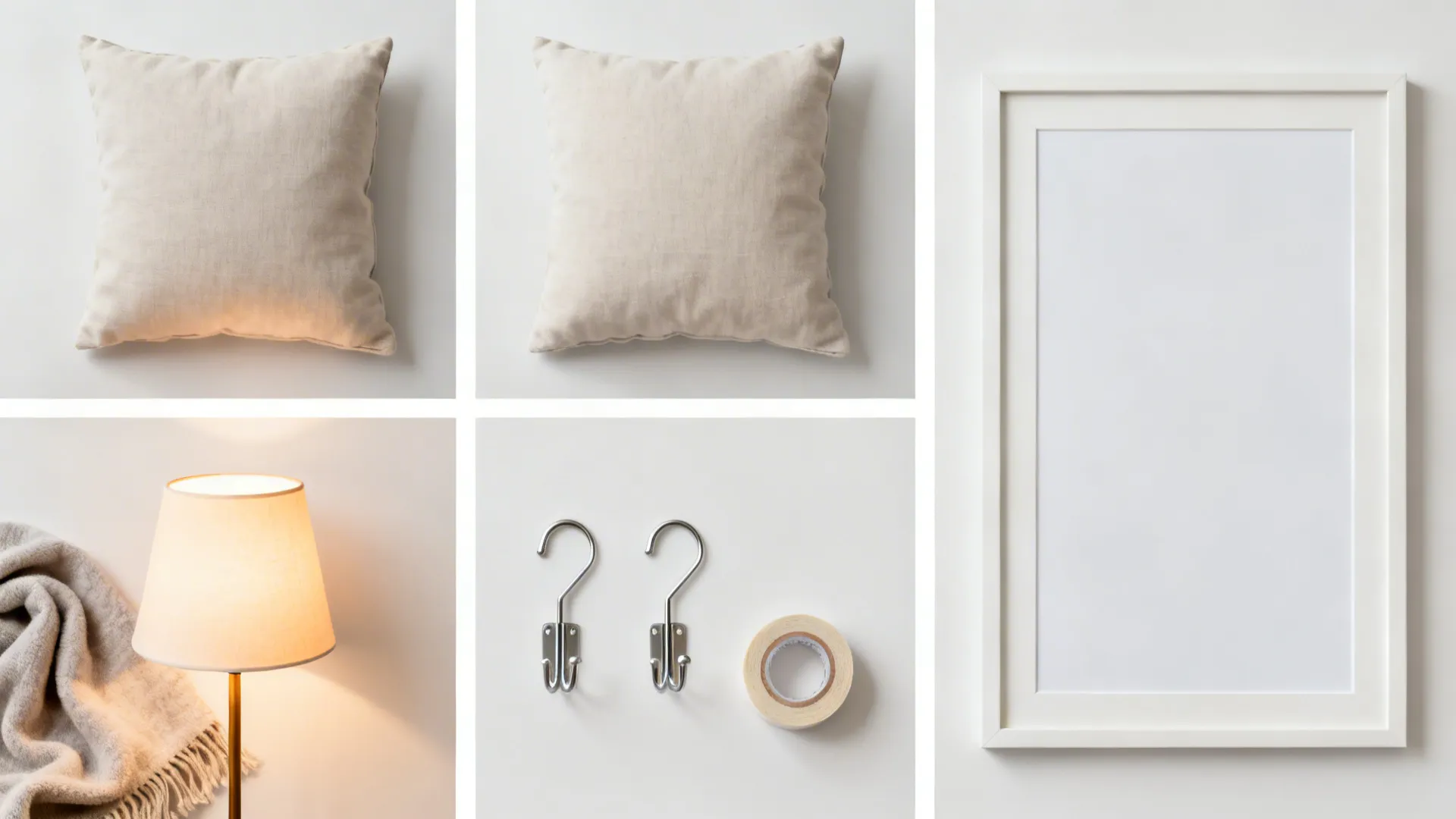 Top-down arrangement of two pillow covers, a throw, warm lamp, hooks, tape, and a large frame as a starter set.