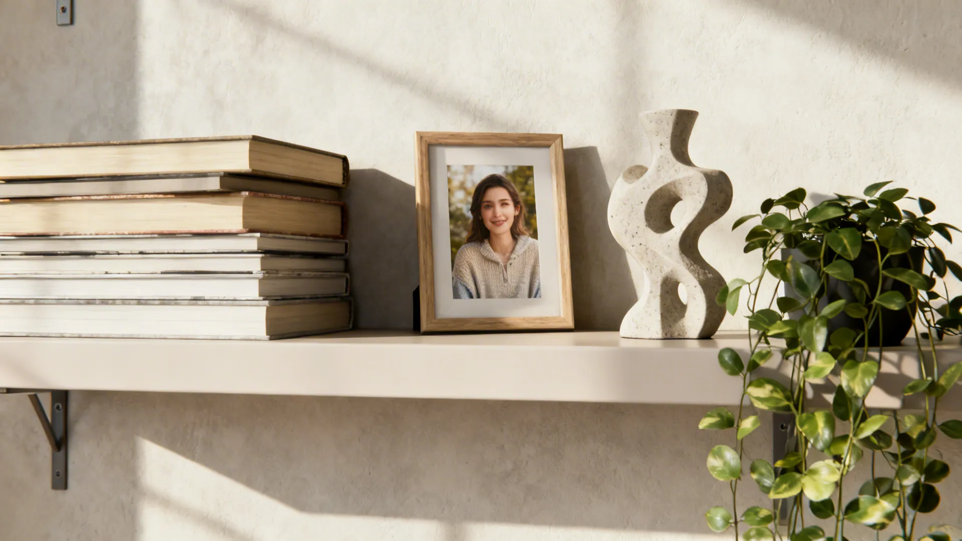 Shelf starter items: books, framed photo, plant, and a statement object for easy styling.