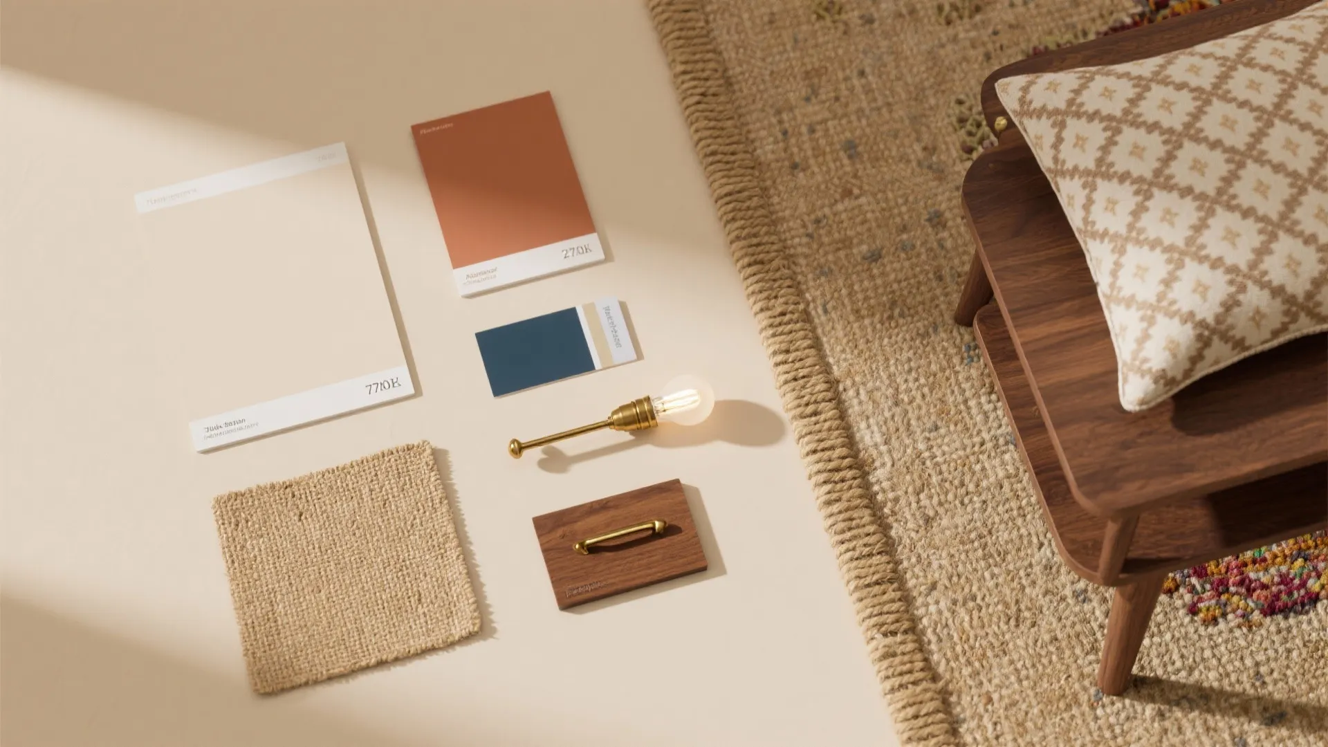 Flat lay starter kit with paint swatches, 2700K LED bulbs, cushion cover, jute rug and brass handle for a budget Indian living room