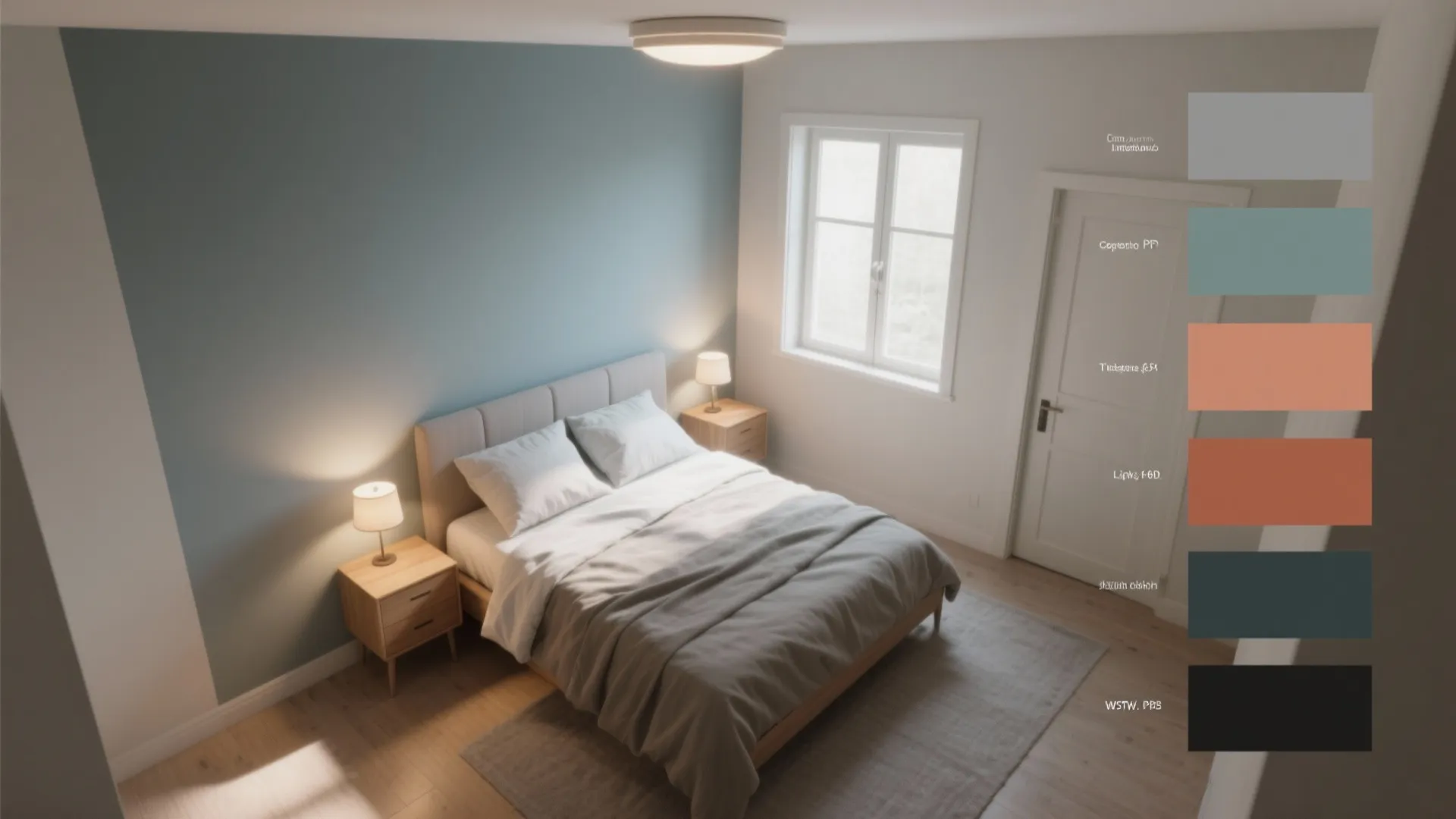 Top-down layout showing layered bedroom lighting and five color swatches arranged around the bed and window, no text.