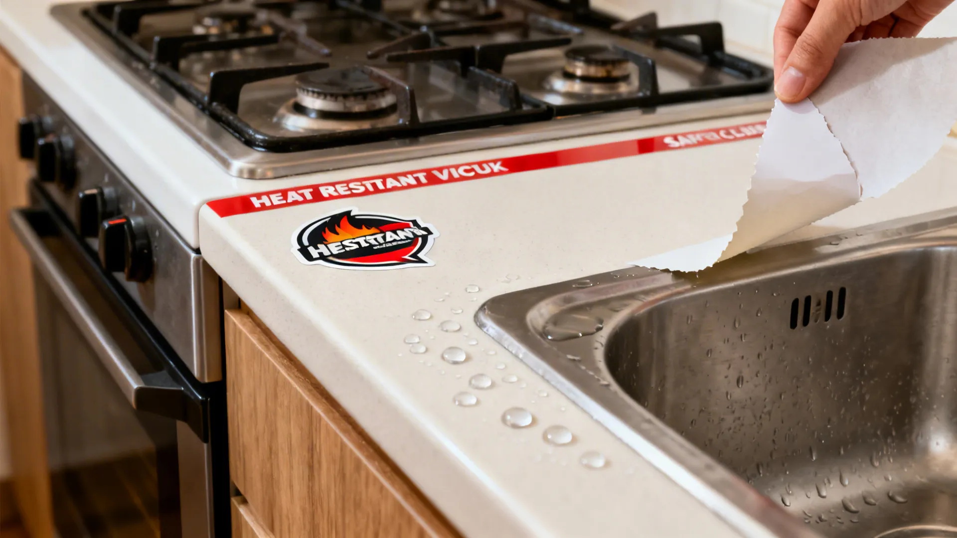 Macro details showing heat‑resistant sticker near a range, clean peel removal, and water resistance.