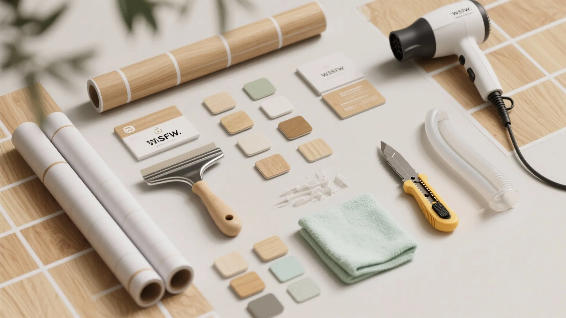 Collection of home improvement tools including hair dryer utility knife squeegee and wood grain stickers