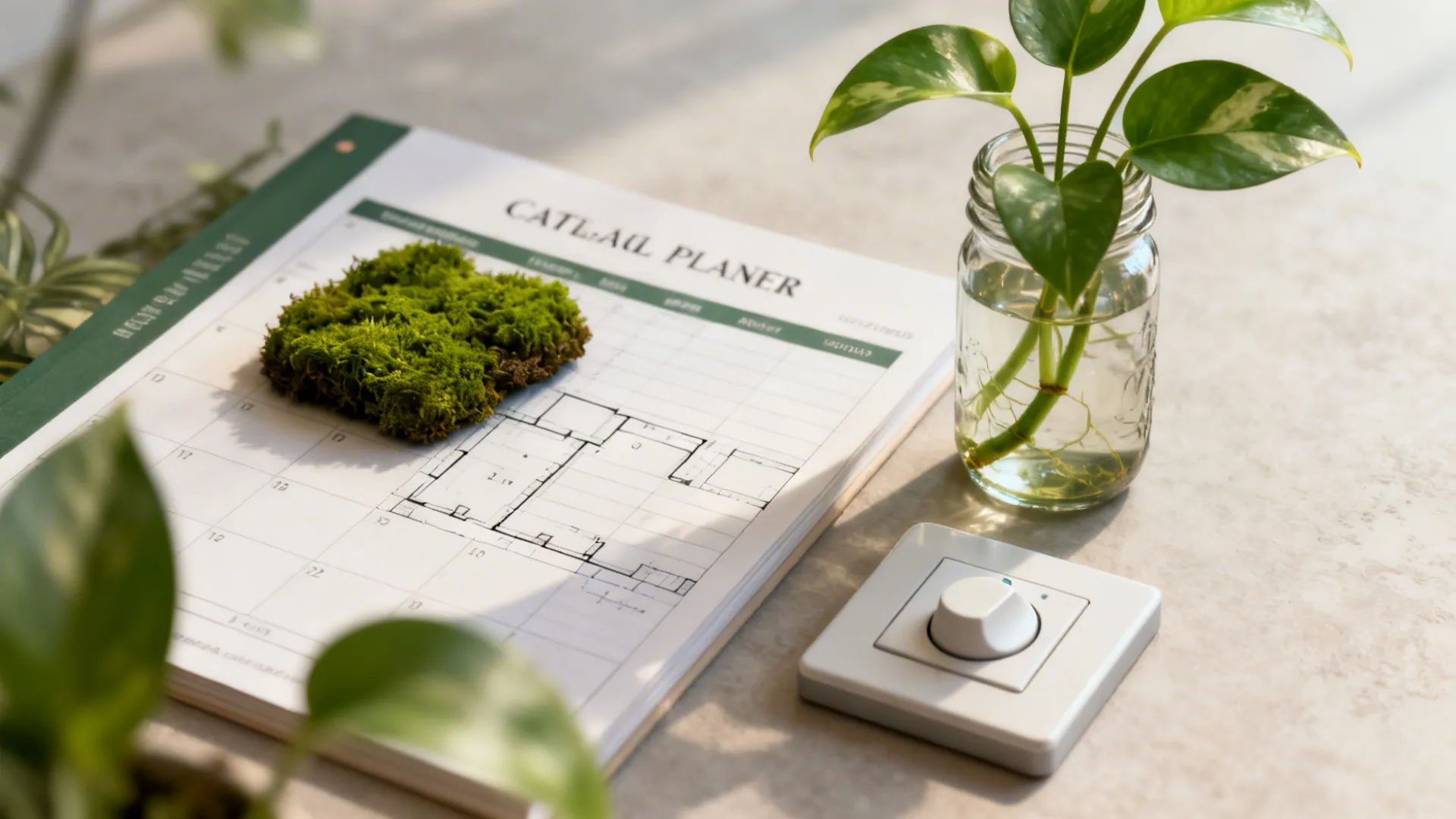 Still-life of preserved moss sample, pothos cutting, and a room planner representing biophilic design FAQs.