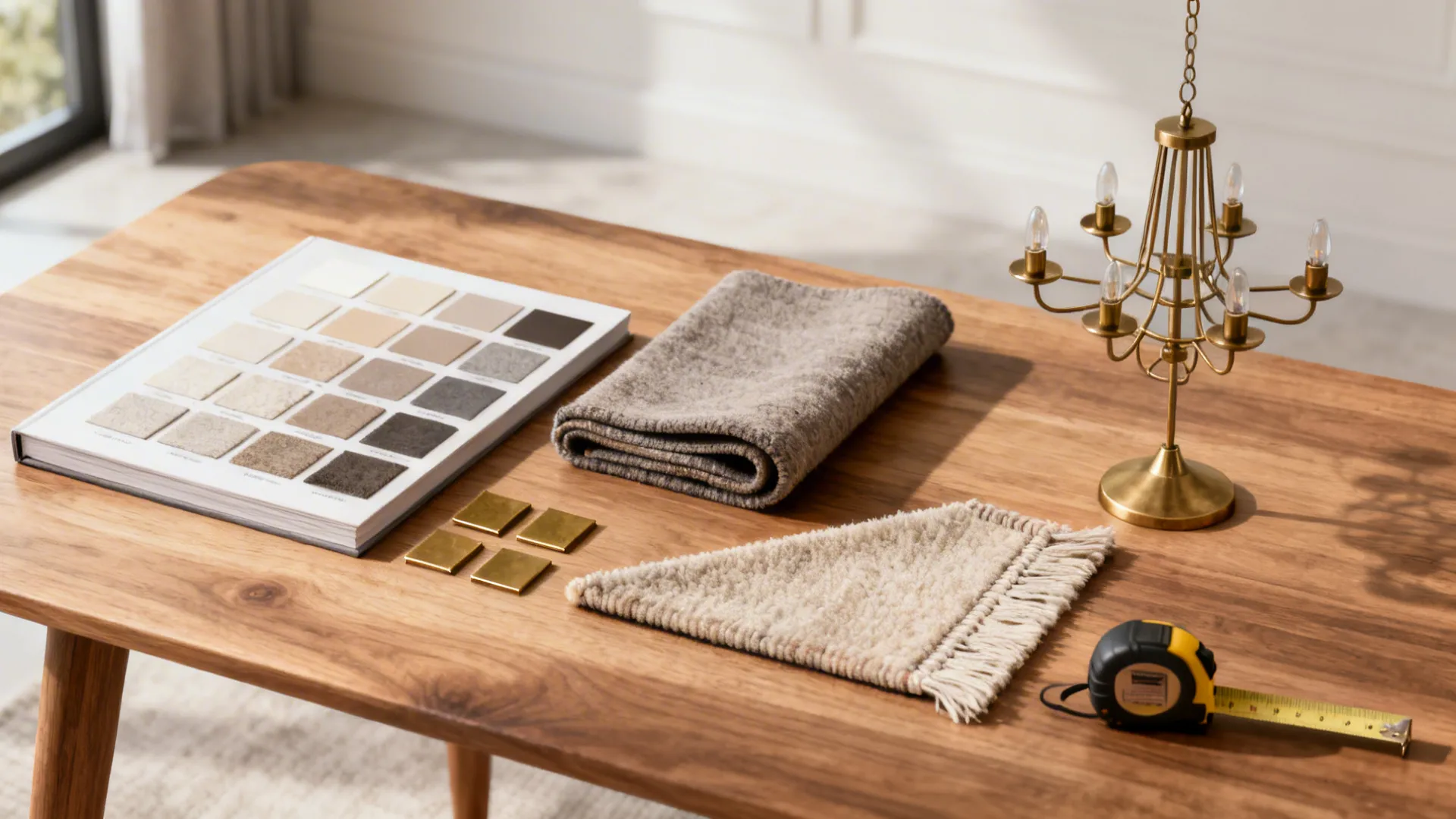 Design swatches, brass samples, rug corner and chandelier model representing planning FAQs