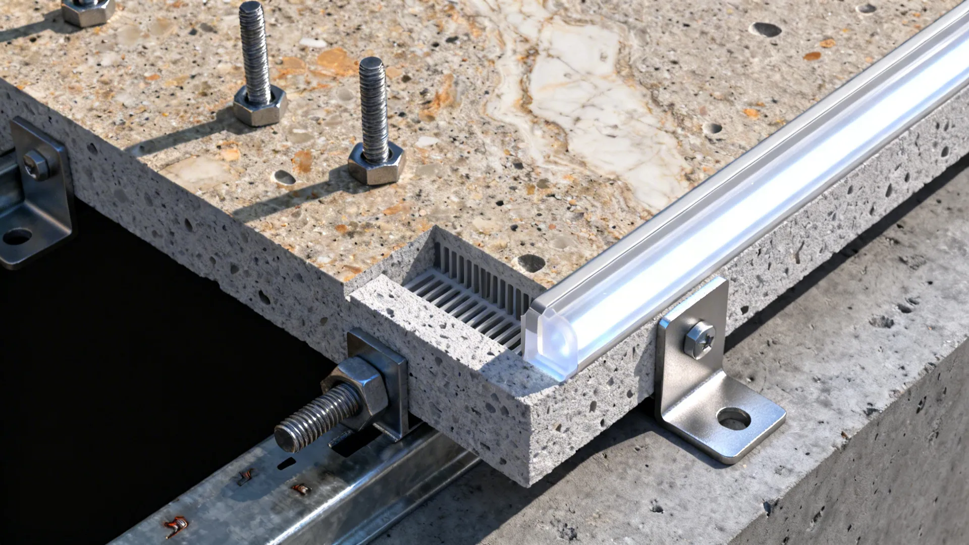 Close-up of stone panel cross-section, mounting anchors, and recessed TV ventilation detail