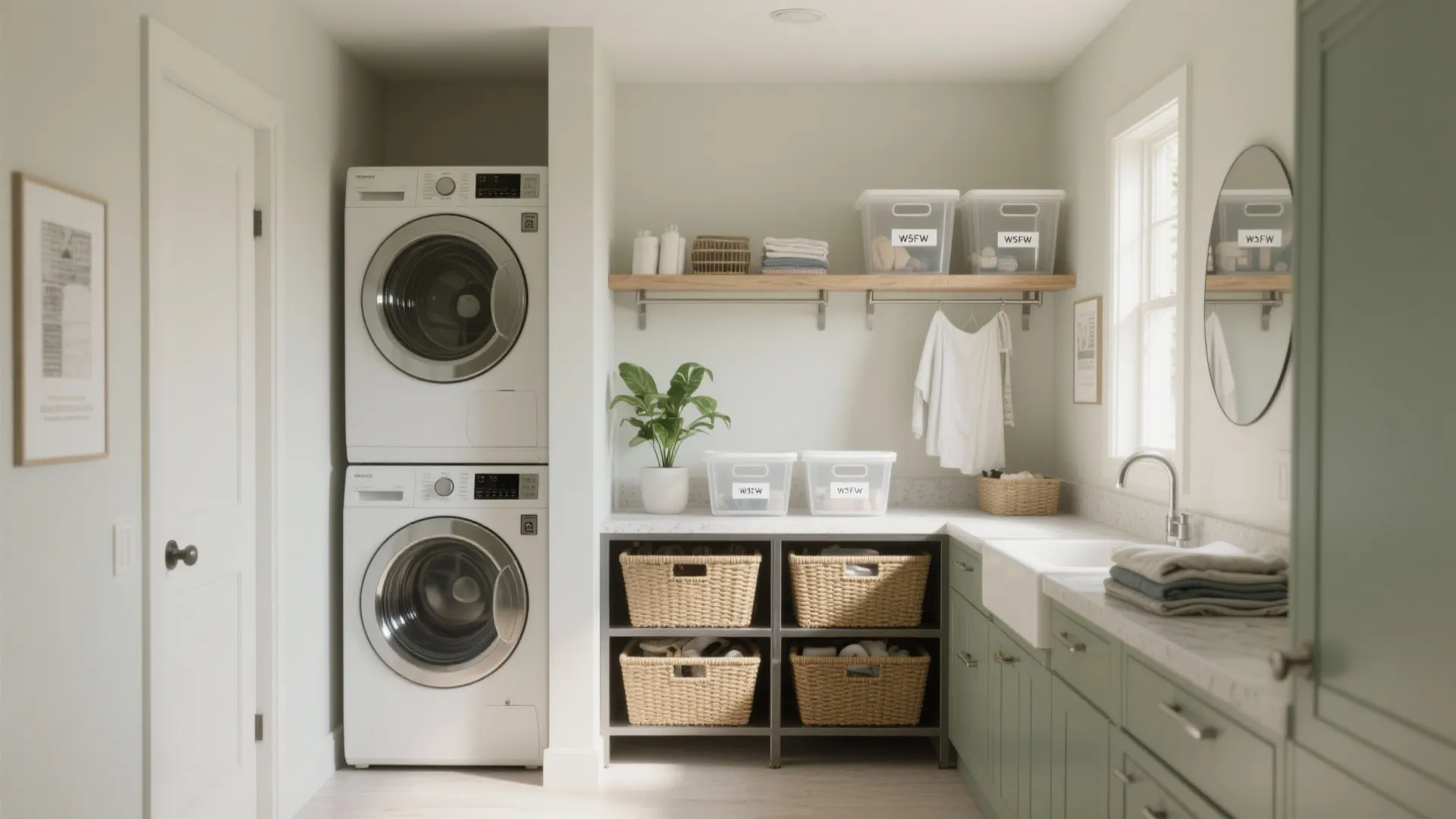 Modern laundry room with stacked white washing machines green cabinets marble countertop and wicker storage baskets