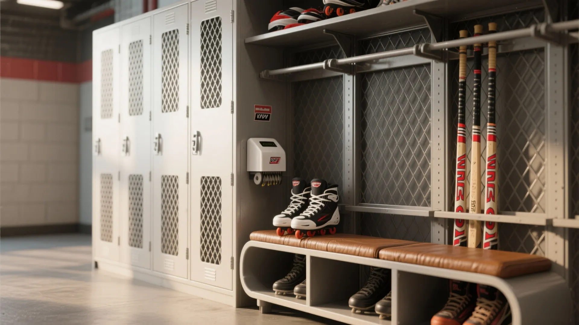 Sports locker room with metal cabinets leather bench roller skates hockey sticks and organized storage area