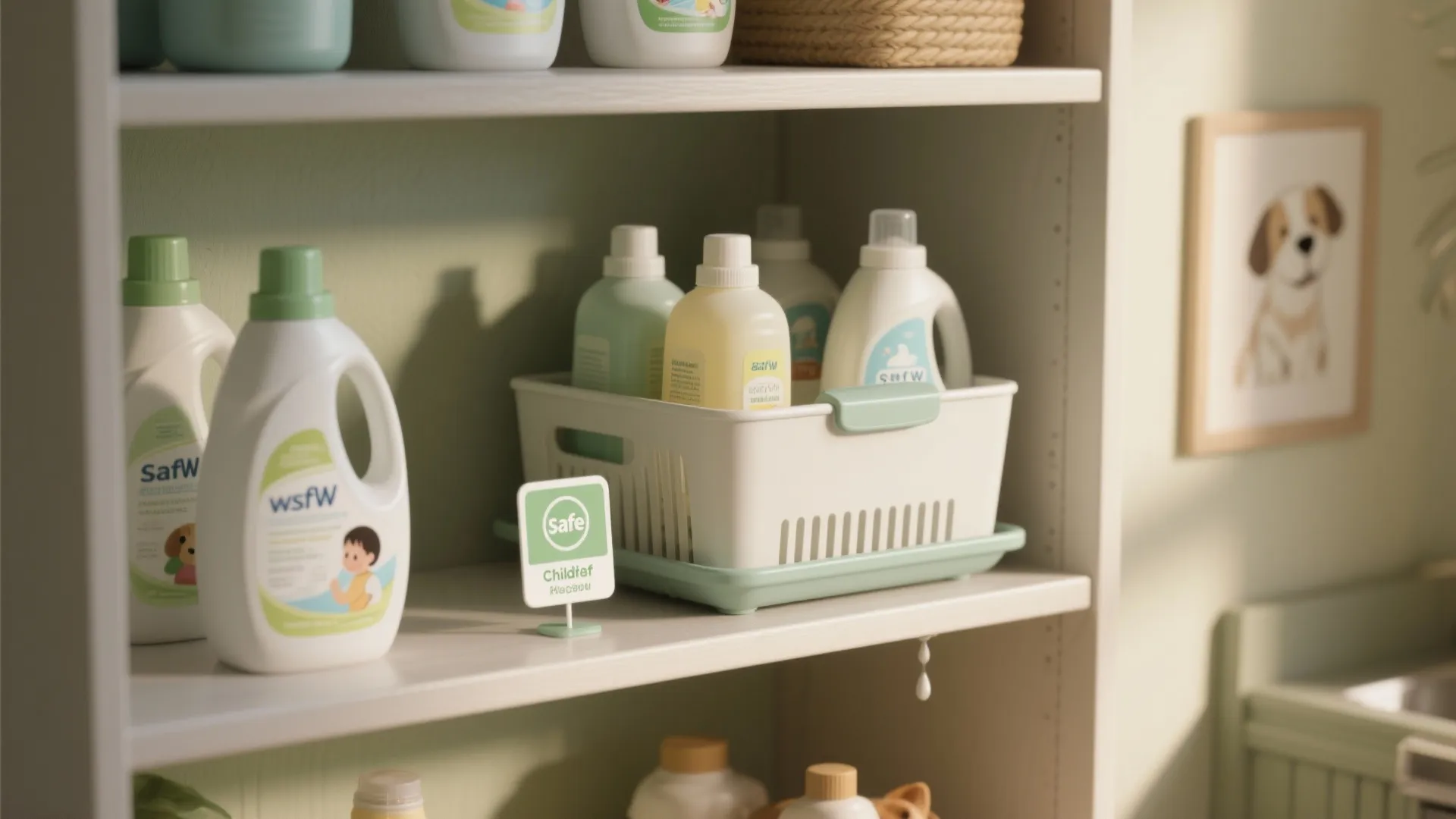 White laundry room shelves with cleaning bottles organized in plastic baskets and a child safe sign