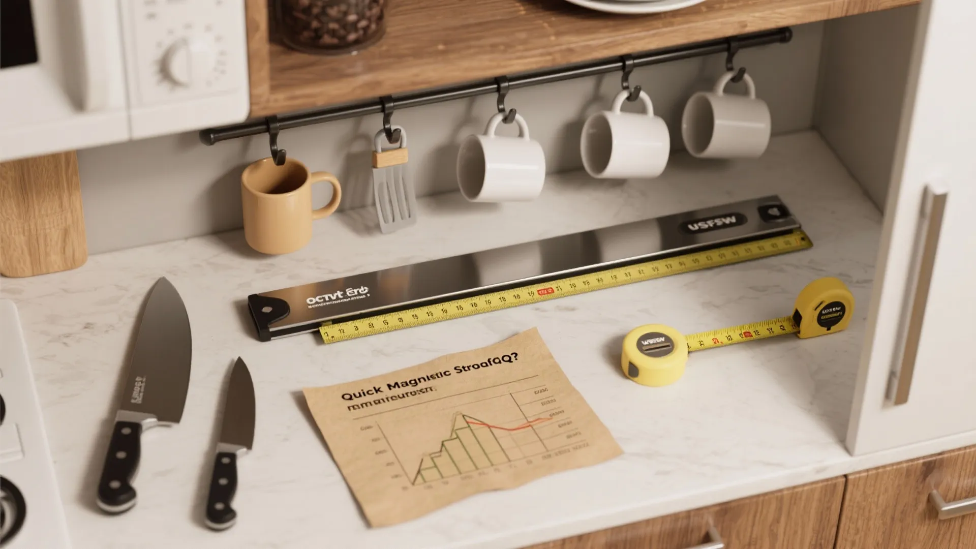 Kitchen countertop with metal bar hanging cups knives yellow tape measures and a paper chart